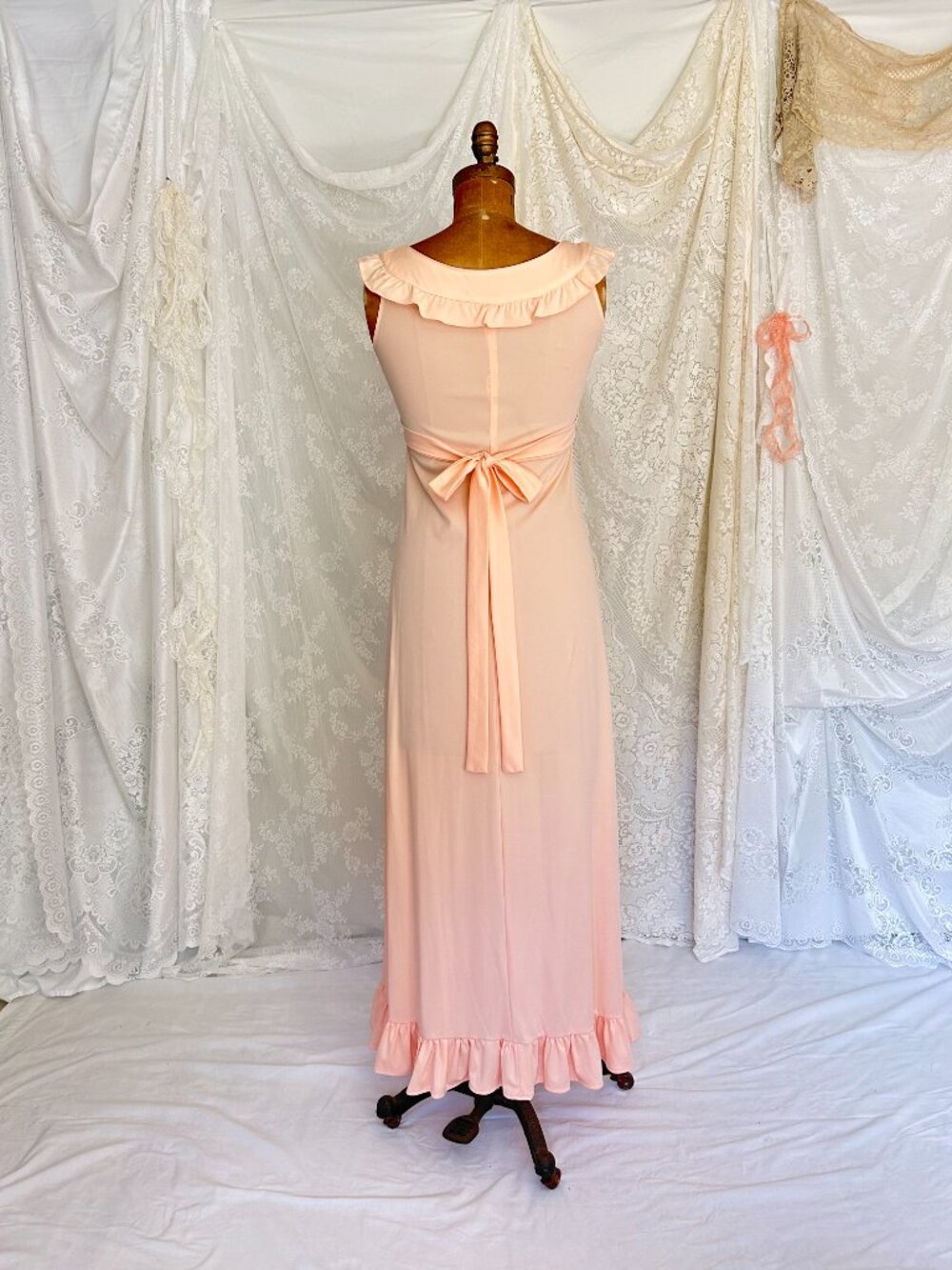 Vintage Peach Maxi Dress, Ruffle Neck Empire Waist, Romantic Bridesmaid Gown - Picture 7 of 9